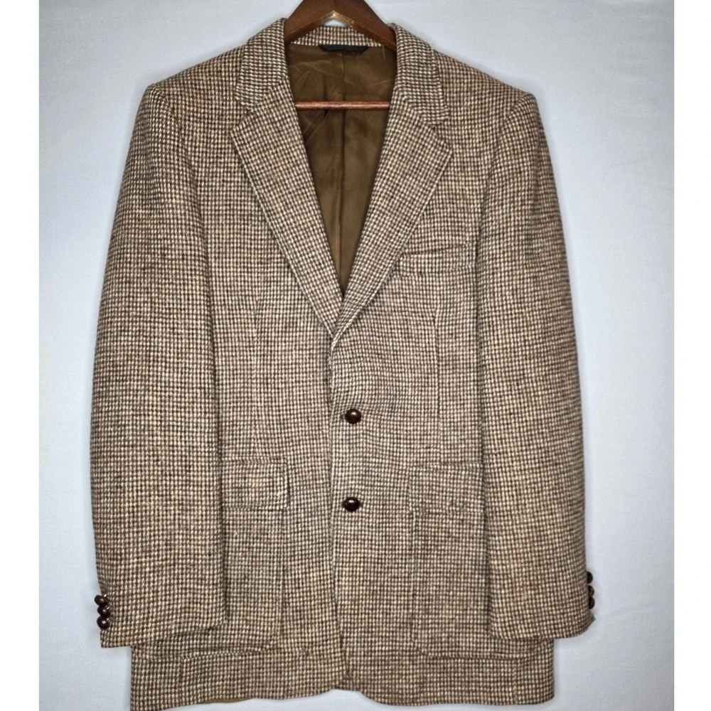 Harris Tweed Scottish Blazer Brown Tan Pure Wool Houndstooth Sport Coat 42 Reg‎